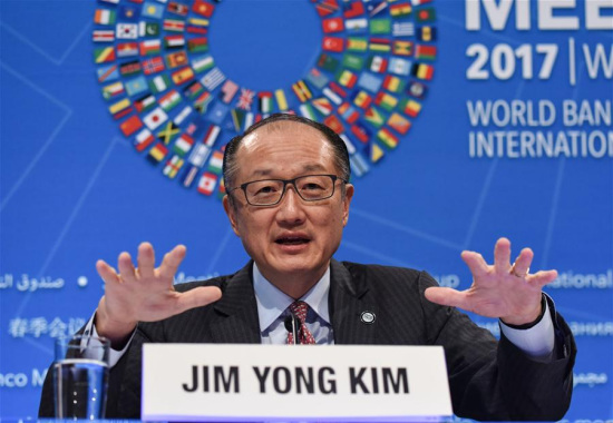 World Bank President Jim Yong Kim speaks at the opening press conference of the 2017 World Bank and International Monetary Fund (IMF) Spring Meetings in Washington D.C., capital of the United States, April 20, 2017. (Xinhua/Bao Dandan)