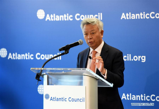 Jin Liqun, president of the Asian Infrastructure Investment Bank (AIIB) gives a speech at the Atlantic Council, a Washington-based think tank, in Washington D.C., the United States, April 24, 2017. (Xinhua/Yin Bogu)