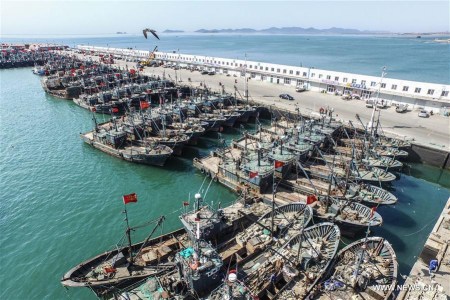 Photo taken on May 1, 2017 shows fishing boats berthing at a fishing port in in Dalian, northeast China's Liaoning Province. The annual summer fishing ban is enforced on May 1 in the Bohai Sea and the Yellow Sea this year, and will take an end on Sept. 1. (Xinhua/Pan Yulong)