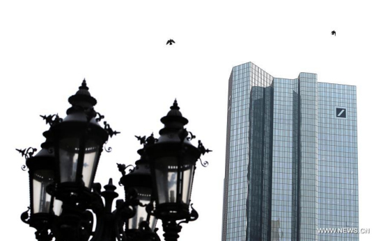 Photo taken on May 3, 2017 in Frankfurt, Germany shows the tower of the Deutsche Bank. (Xinhua/Luo Huanhuan)