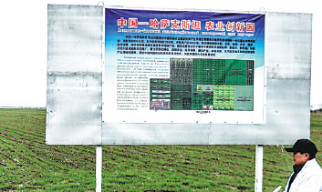 An expert walks past a sign on experimental farmland near the China-Kazakhstan border. Ren Qi / China Daily