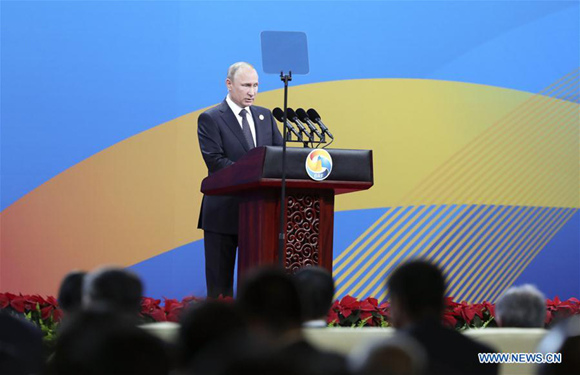 Russian President Vladimir Putin addresses the opening ceremony of the Belt and Road Forum for International Cooperation in Beijing, capital of China, May 14, 2017. (Xinhua/Pang Xinglei)