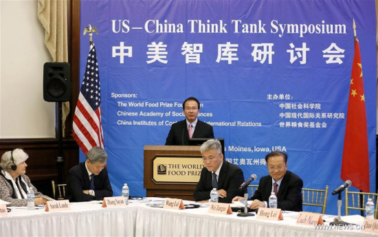 Chinese Consul General in Chicago Hong Lei (C, Rear) addresses the U.S.-China Think Tank Symposium in Des Moines, Iowa, the United States, on June 12, 2017.(Xinhua/Wang Ping)