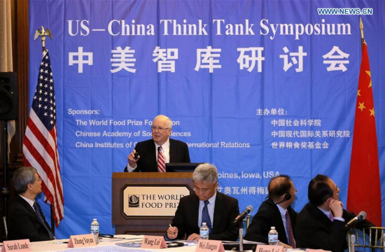 Kenneth Quinn, president of World Food Prize Foundation, addresses the U.S.-China Think Tank Symposium in Des Moines, the United States, on June 12, 2017. (Xinhua/Wang Ping)