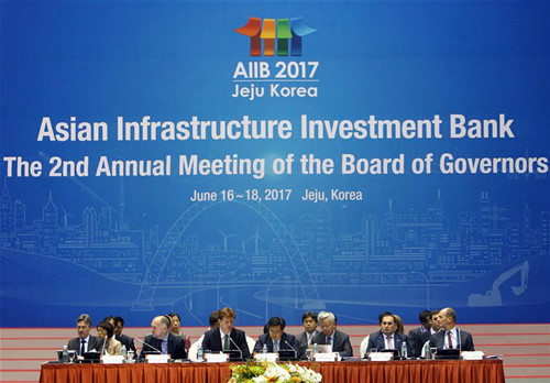 Photo taken on June 17, 2017 shows the Second Annual Meeting of the Board of Governors of the AIIB held in Jeju Island, South Korea. The 18-month-old Asian Infrastructure Investment Bank (AIIB) has won acclaim for its good work from representatives of all over the world at its Second Annual Meeting of the Board of Governors held here through Saturday. (Xinhua/Yao Qilin)