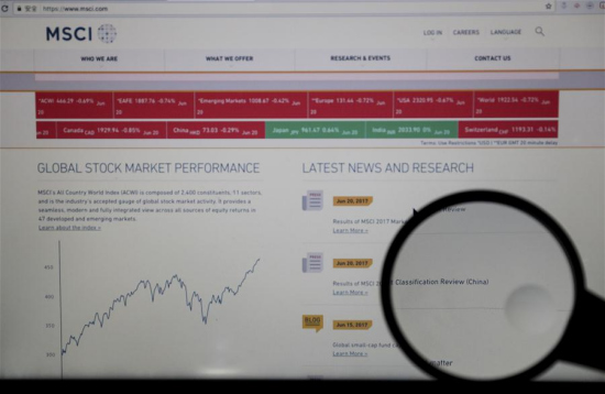 Photo taken on June 20, 2017 shows the website of global equity indexes provider MSCI on a computer in New York, the United States. (Xinhua/Wang Ying)