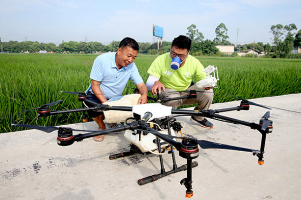 Farmers use a drone to spray pesticides in Meishan, Sichuan province. (Photo/China Daily)