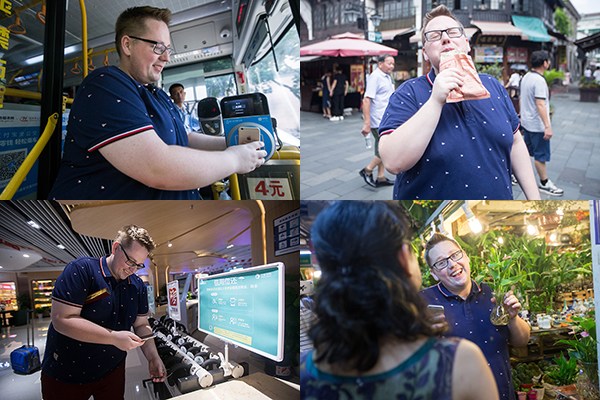 Clockwise from top left: German-born Thomas Derksen, an online celebrity with millions of Chinese fans on Weibo and other social media networks, buys a bus ticket using Alipay, enjoys a snack paid for with an app, rents an umbrella at Hangzhou East Railway Station, and buys a bouquet of flowers at Wushan Flower and Fish Market. (Photo/China Daily)