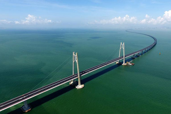 A section of the Hong Kong-Zhuhai-Macao Bridge is seen on July 7, 2017. An underground tunnel section of the long-awaited Hong Kong-Zhuhai-Macao Bridge was completed on Friday, marking the end of construction of the main structure for the world's longest cross-sea bridge.(Photo/Xinhua)
