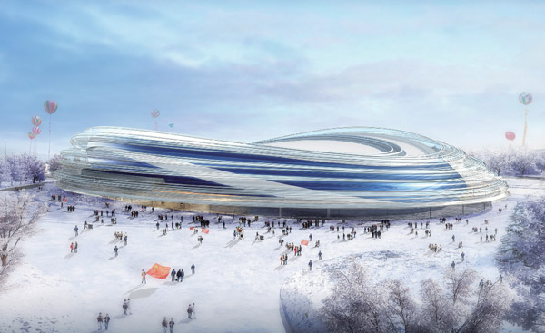 The National Speed Skating Oval, a new venue for the 2022 Winter Olympics, is seen in an artist's rendition. It will be built and operated by a public-private partnership. (Photo/CHINA DAILY)