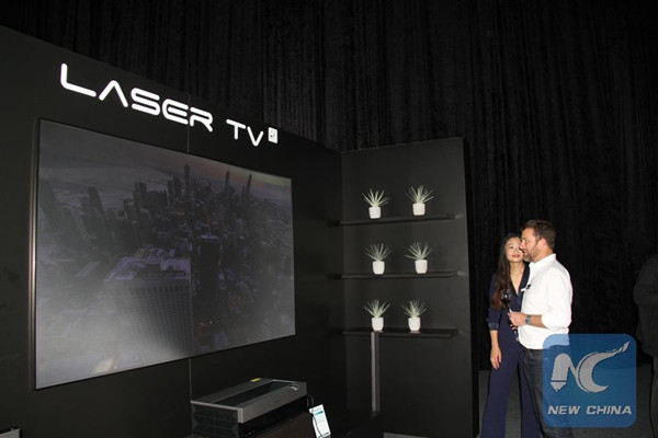 Photo taken on July 13, 2017 shows the Laser TV at a launching event in Cape Town, South Africa. Chinese electronic giant Hisense on Thursday evening launched two new exceptional Ultra LED (ULED) television sets in Cape Town. (Xinhua/Gao Yuan)