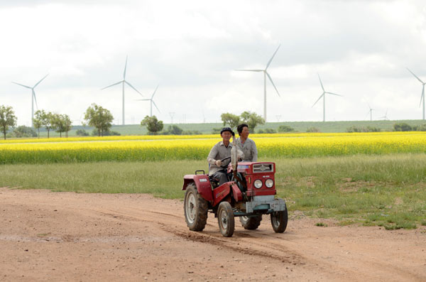 Two farmers on a tractor pass through a wind power farm in Inner Mongolia. (Photo by Su Weizhong/For China Daily)