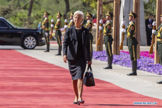 Christine Lagarde, managing director of the International Monetary Fund (IMF), arrives for the Leaders' Roundtable Summit at the Belt and Road Forum (BRF) for International Cooperation at Yanqi Lake International Convention Center in Beijing, capital of China, May 15, 2017. (Xinhua/Cui Xinyu)