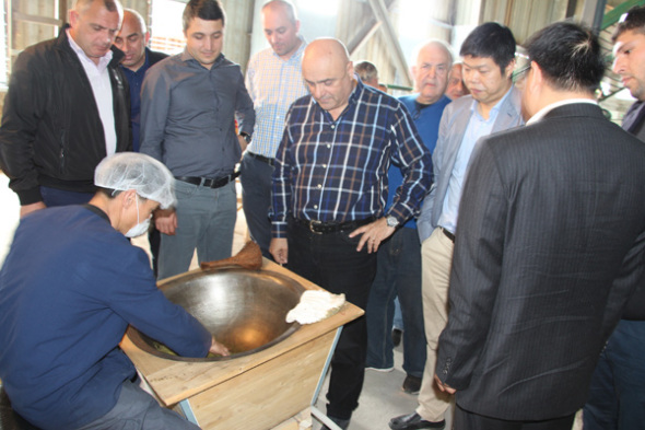 Staff members of a Georgia factory view a demonstration of Chinese tea processing techniques.