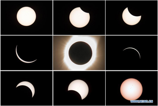 Combo photo taken on Aug. 21, 2017 shows the process of a total solar eclipse (C) from the beginning (L, Top) to the end (R, Bottom) seen from Salem, Oregon, the United States. (Xinhua/Yin Bogu)