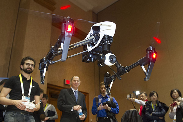 A drone developed by DJI Technology Co is on show at an exhibition in Las Vegas, the United States. (Photo/Xinhua)