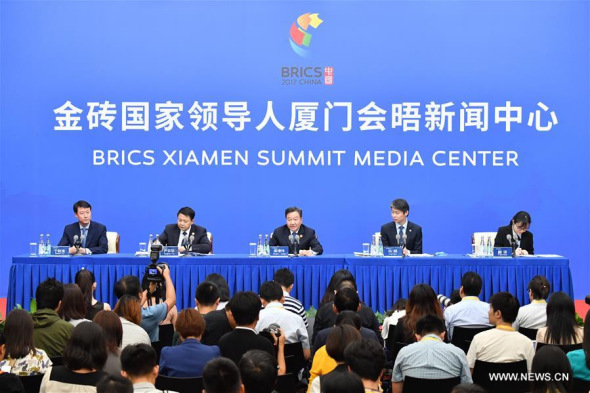 A press conference by the Organizing Committee of the BRICS Business Forum 2017 is held at the media center for the 2017 BRICS Summit in Xiamen, southeast China's Fujian Province, Sept. 2, 2017. (Xinhua/Li Xin)