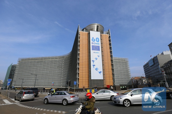 Cars pass the European Commission building in Brussels, Belgium, March 24, 2017. (Xinhua/Ye Pingfan)