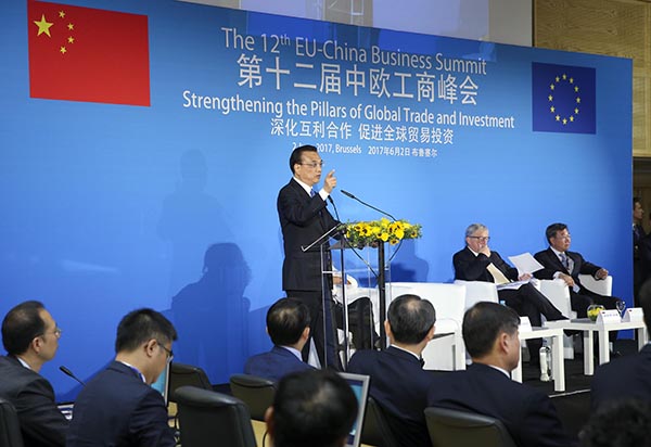 Chinese Premier Li Keqiang delivers a keynote speech at the 12th EU-China Business Summit in Brussels on June 2, 2017. (Photo provided to chinadaily.com.cn)