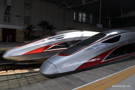 Two Fuxing trains are seen at the Tianjin Railway Station in Tianjin, north China, Aug. 21, 2017. China's new-generation bullet trains, the Fuxing, were put into operation on the Beijing-Tianjin Intercity Railway Aug. 21. (Xinhua/Luo Xiaoguang)