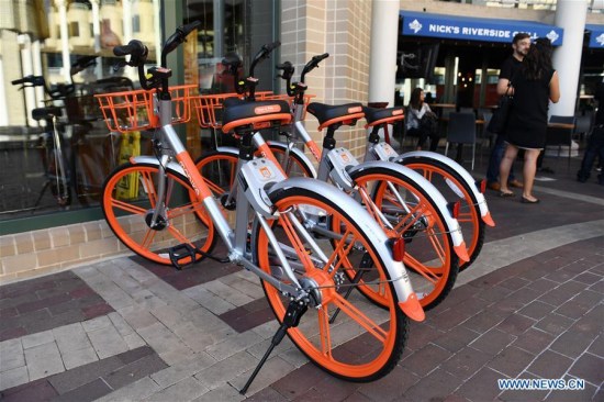 Photo taken on Sept. 20, 2017 shows bikes of Chinese bike-sharing giant Mobike in Washington D.C., the United States. Chinese bike-sharing giant Mobike launched its service here on Wednesday, marking its U.S. debut amid a rapid global expansion. (Xinhua/Yin Bogu)