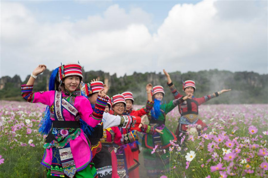Tourists pose for pictures among cosmos flowers at the Naigu Shilin scenic zone in Shilin, southwest China's Yunnan Province, Oct. 2, 2017. More than 67 hectares of cosmos in Shilin entered the blossom season recently. (Xinhua/Hu Chao)