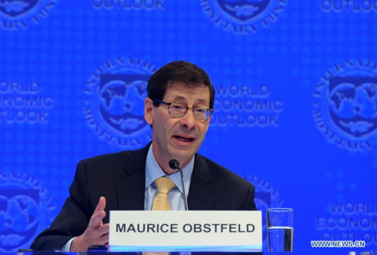 Maurice Obstfeld, chief economist at the International Monetary Fund (IMF), attends a press briefing at the IMF headquarters in Washington D.C., the United States, on Oct. 10, 2017. (Xinhua/Yin Bogu)