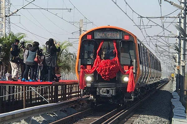 A subway train manufactured for Boston Subway's new Orange Line is seen on Monday in Changchun, Jilin province. (Photo provided to China Daily)