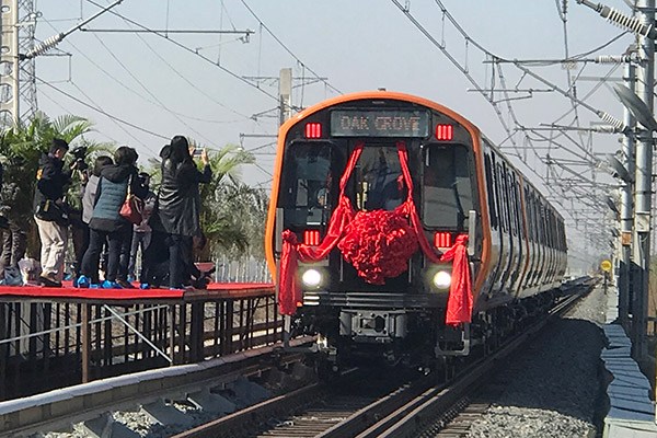 A subway train manufactured for Boston Subway's new Orange Line is seen on Monday in Changchun, Jilin province. (Photo provided to China Daily)