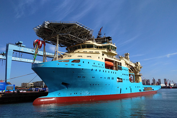 The Maersk Installer, a subsea support vessel, is delivered to Maersk Supply Service at a shipyard in Dalian, Liaoning province. (Photo/China Daily by Zhang Xiaomin)