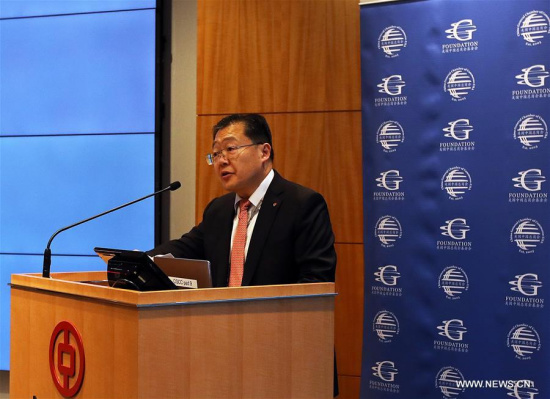 Xu Chen, Chairman of China General Chamber of Commerce - USA (CGCC), speaks during the launching ceremony of a China-U.S. investment and cooperation database in New York, the United States, on Oct. 18, 2017. (Xinhua/Wu Rong)