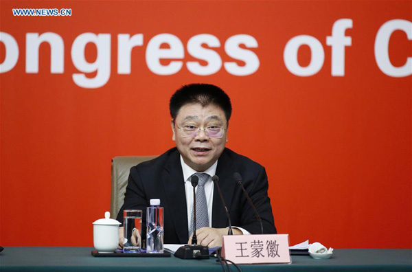 China's Minister of Housing and Urban-Rural Development Wang Menghui speaks at a press conference held by the press center of the 19th National Congress of the Communist Party of China (CPC) in Beijing, capital of China, Oct. 22, 2017. The press conference was themed on securing and improving people's livelihood. (Xinhua/Shen Bohan)