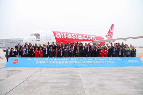The first A320neo assembled in Airbus Tianjin delivered to AirAsia on October 25, 2017. (Photo provided by Airbus)