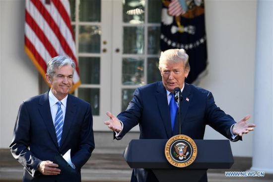 U.S. President Donald Trump (R) and Federal Reserve Governor Jerome Powell attend a nomination ceremony at the rose garden of White House in Washington D.C., the United States, on Nov. 2, 2017. Trump picked Thursday Federal Reserve Governor Jerome Powell as next Federal Reserve chair. (Xinhua/Yin Bogu)