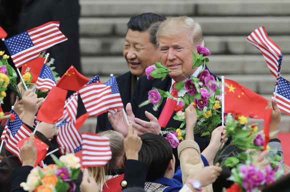 President Xi Jinping holds a grand ceremony to welcome U.S. President Donald Trump at the square outside the East Gate of the Great Hall of the People in Beijing on Thursday. (XU JINGXING / CHINA DAILY)