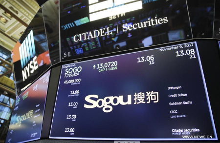 Traders work at the New York Stock Exchange in New York, the United States, on Nov. 9, 2017. Sogou Inc., a Chinese search engine company backed by Tencent and Sohu, rang the New York Stock Exchange (NYSE) opening bell on Thursday in celebration of its initial public offerings (IPO). Shares of Sogou, trading under the ticker symbol SOGO, started trading at 13 dollars per ADS on Thursday, and closed at 13.50 dollars apiece, rising 3.85 percent. (Xinhua/Wang Ying)
