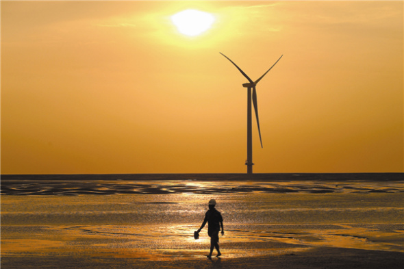 Carbon-trading system key to shifting nation's energy focus A wind farm at Rudong in Jiangsu province. （Photo by Xu Congjun / for China Daily）