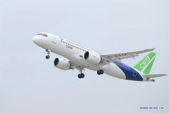 China's homegrown large passenger plane C919 takes off from Pudong International Airport in Shanghai, East China, Nov 10, 2017. (Photo/Xinhua)