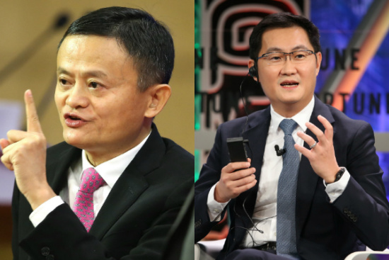 Alibaba Chairman Jack Ma (left) and Pony Ma, founder of Tencent, share views on globalization and technology at the 2017 Fortune Global Forum held in Guangzhou. [Photo by Feng Yongbin/China Daily]
