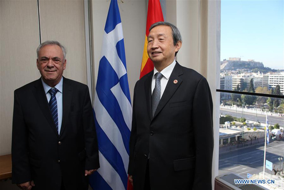 Visiting Chinese Vice Premier Ma Kai (R) meets with Greek Deputy Prime Minister Yiannis Dragasakis in Athens, Greece, Dec. 7, 2017. (Xinhua/Marios Lolos)