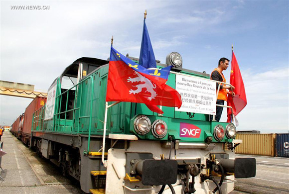 Photo taken on April 21, 2016, shows a freight train from Wuhan, China, arrives for the first time at the freight railway station in Saint-Priest, outside Lyon, south-eastern France.  (File photo: Xinhua/Zheng Bin)