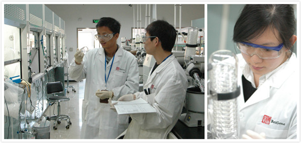 Two Chinese scientists (left) discuss use of equipment at the central chemistry lab of BeiGene in Beijing in May 2017. A BeiGene scientist (right) examines a sample during a test. (Photo provided to China Daily)