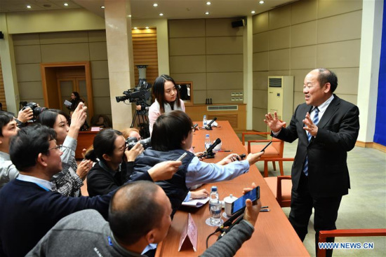 Ning Jizhe, head of the National Bureau of Statistics, speaks to reporters after a press conference held by the State Council Information Office on China's economy in 2017 in Beijing, capital of China, Jan. 18, 2018. (Xinhua/Li Xin)