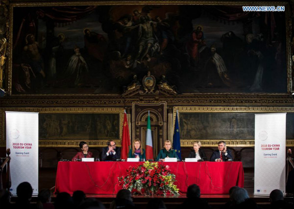 Photo taken on Jan. 19, 2018 shows the view of the press conference after the opening ceremony of the 2018 China-EU Tourism Year in Venice, Italy. 2018 China-EU Tourism Year kicked off here on Friday with both sides aiming to promote travel and bilateral ties. (Xinhua/Jin Yu)