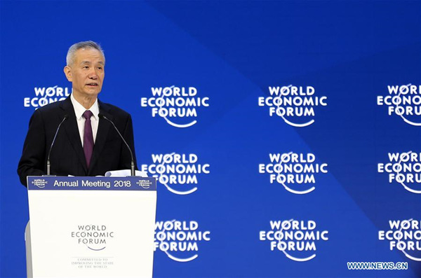 Liu He, a member of the Political Bureau of the Communist Party of China (CPC) Central Committee and director of the General Office of the Central Leading Group for Financial and Economic Affairs, gives a speech during the Annual Meeting 2018 of the World Economic Forum (WEF) in Davos, Switzerland, on Jan. 24, 2018. (Xinhua/Luo Huanhuan)
