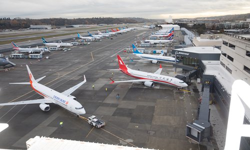A Boeing delivery center in Seattle, U.S., shows a bunch of Boeing 737 aircraft to be delivered to Chinese customers on December 6, 2017. (Photo/Courtesy of Boeing)