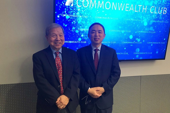 Yukon Huang (left), a senior fellow in the Carnegie Asia Program, and Pin Ni, president of Wanxiang America, at the Commonwealth Club in San Francisco on Monday. (Lia Zhu/China Daily)