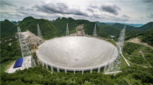 The 500-meter aperture spherical radio telescope, or the FAST, installed in Qiannan, Guizhou province, is among many examples from the recent documentary China Reinvents Itself that shows the country's innovation in science and technology. (Photo provided to China Daily)