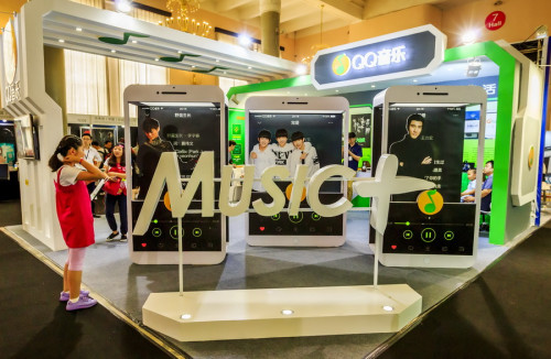 The stand of Tencent Music at an industry expo held in Beijing. (Photo/China Daily)