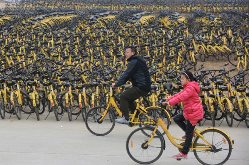 Two customers use Ofo bicycles in Xiangyang, Hubei Province. Photo by Yang Dong/For China Daily